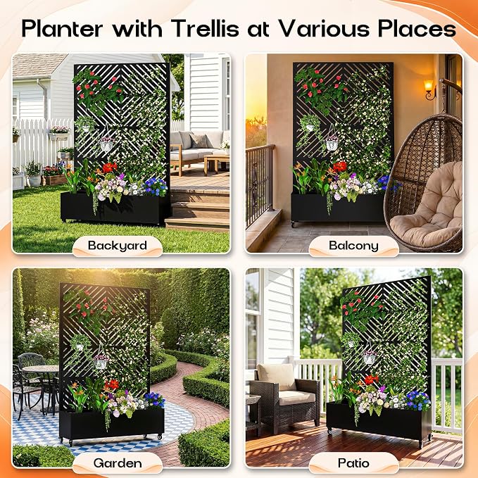 MTART Metal Planter Box with Trellis, 72.1"x47.2"x16" Outdoor Galvanized Raised Garden Bed with Privacy Screen & Drainage Holes & Lockable Casters for Climbing Plants, Vegetable (Arrow-Black1)