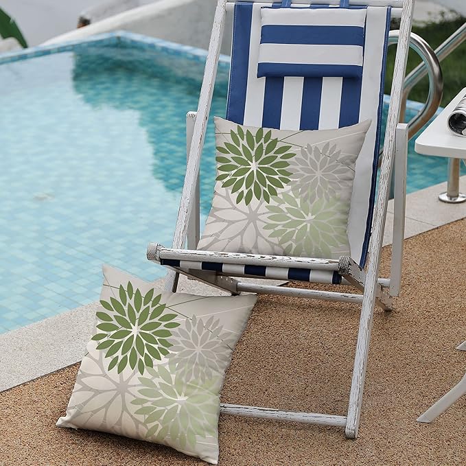 DFXSZ Outdoor Throw Pillow Covers 20x20 Inch Set of 2 Waterproof Spring Summer Geometric Elegant White Green Outdoor Pillow Covers for Patio Funiture Garden Couch 158D20
