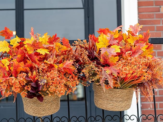 24 Bundles Fall Flowers Artificial for Decoration, Artificial Mums for Outdoor Maples Flowers for Outside Garden Yard Window Fall Decorations for Home Thanksgiving Autumn Fall Decor