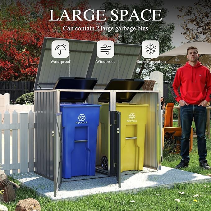 YOPTO Outdoor Storage Shed Metal Trash Can Storage,54 Cu.Ft Garbage Can Storage Shed W/Lid Chain,Hydraulic Mechanism & Pneumatic Spring Support Rods,for 2 Trash Bins,Bike,Garden Tools,Light Gray