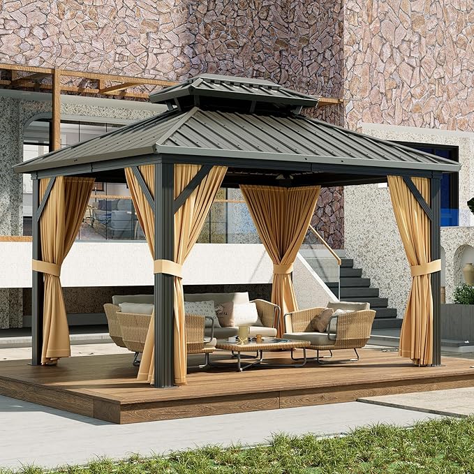 12 x 20 ft Hardtop Gazebo, Heavy Duty Galvanized Aluminum Frame Double Roof Outdoor Pavilion, Faux Wood Grain Metal Roof Gazebo with Netting & Privacy Curtains, Brown Patio Canopy Shelter for Backyard