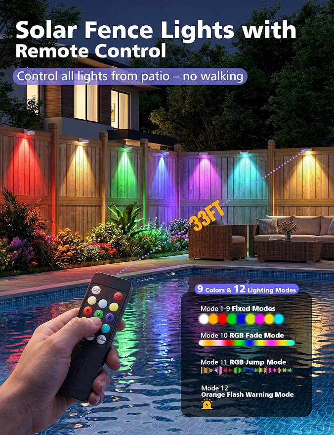 VOLISUN Solar Fence Lights with Remote Control, Fence Lights Solar Powered, IP65 Waterproof LED, RGB Color Changing Solar Light for Fence, Yard, Wall, Backyard (16 Pack,White)