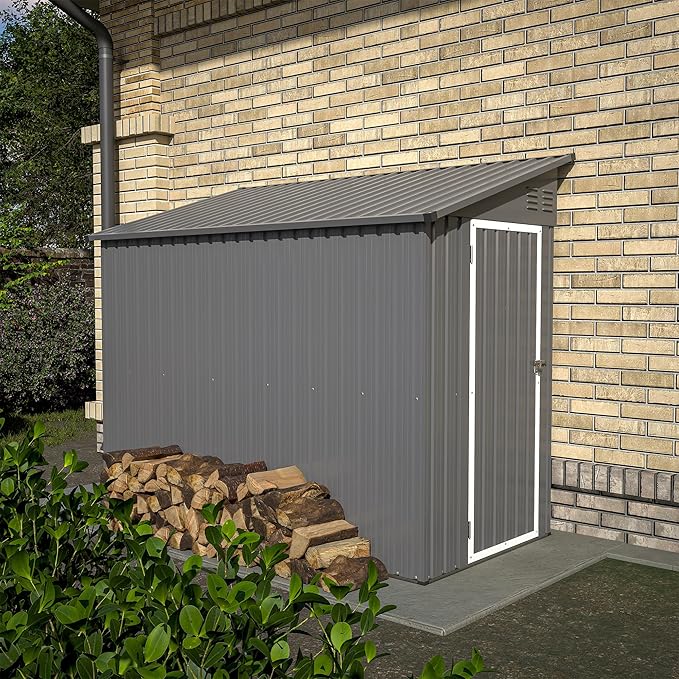 YOPTO 4x8 FT Lean to Metal Shed,Outdoor Storage Shed W/Floor Frame & Reversible Installation,All Weather Waterproof Garden Tool House W/Lockable Door & 2 Air Vents,for Backyard,Patio,Lawn,Gray