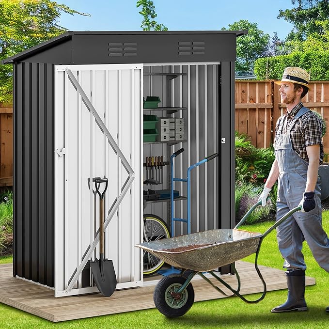 DWVO Outdoor Storage Shed 5 x 3FT, Heavy Duty Metal Tool Sheds Storage House with Lockable Door & Air Vent for Garden, Patio, Lawn to Store Bike, Garbage Can, Lawnmower, Dark Gray