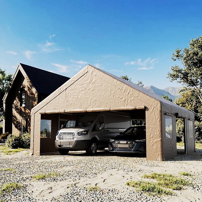 COSIEST 20'×20' Storage Shelter Outdoor Gable Roof Carport with Removable Side Walls, Heavy-Duty Garage Canopy Weatherproof PE Cover, Multi-Purpose Vehicle/Tractor Shed for Backyard/Driveway/Farm