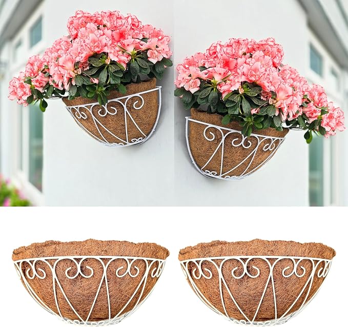 LaLaGreen Bundle- 2-Pack, 12 Inch Semi-Circle Basket with Coco Liner + 2-Pack, 16 Inch Rectangular Basket with Coco Liner, Wall Mount Hanging Flower Pot Plant Holder Rail Fence Balcony Patio Decor