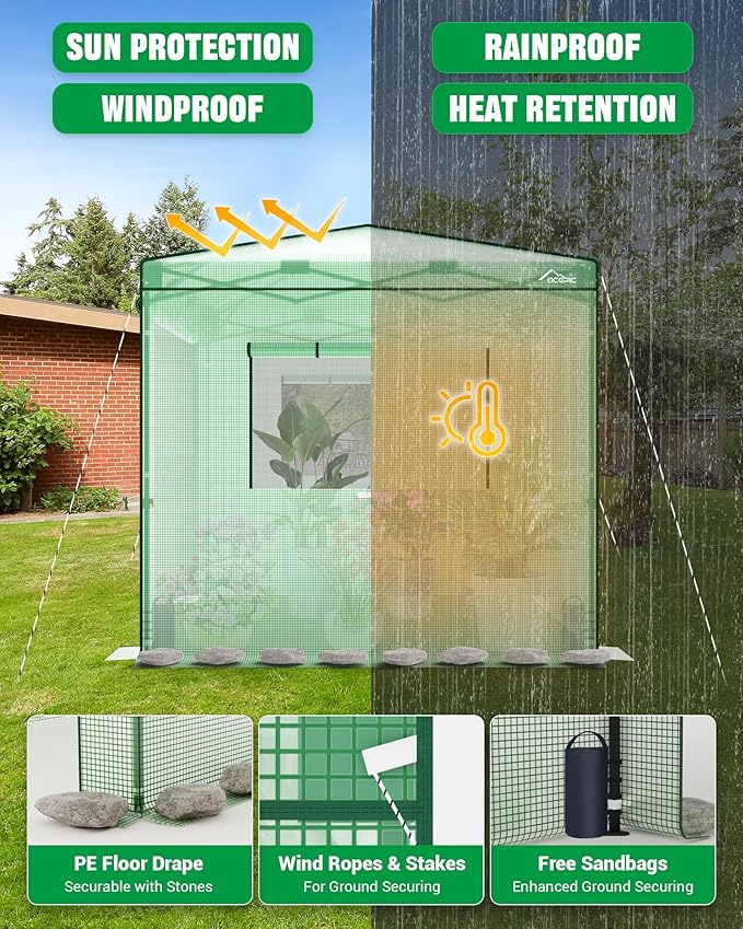 Acepic 8x6 Instant Pop up Greenhouses, Indoor Outdoor Portable Greenhouse Walk-in, Small Green House for All Season with Roll-Up Zipper Doors and Side Windows, 4 Sandbags, Pe Cover, Green/Clear