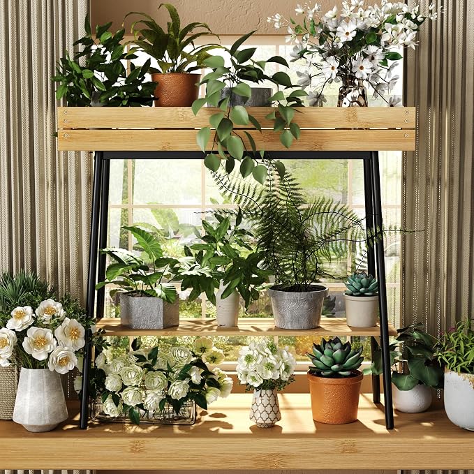 BAMBANG Bamboo Plant Stand Indoor, 2 Tier Wood Small Plant Table, Tall Plant Stand for Indoor Plants, Window Sill Plant Shelf, Flower Pot Holder Plant Bench Plant Rack for Living Room Balcony Outdoor