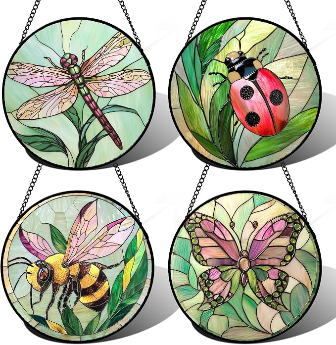 DASTOLL Stained Glass Window Hanging 4 Pcs Set Pink Green Insect Theme 9.8" - Butterfly Suncatcher Door Garden Sun Catcher Decor Birthday Christmas for Mom Woman Nana Men