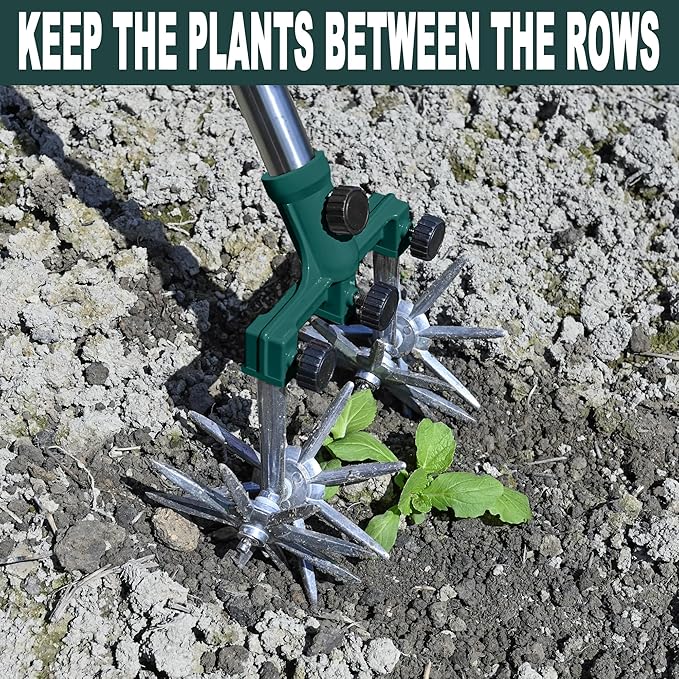 BARAYSTUS Rotary Cultivator Garden Rotary Tiller Adjustable Stainless Steel Poles Hand Tiller for Soil Mixing or Reseeding Grass Lawn Tiller Total Length 57 Inch