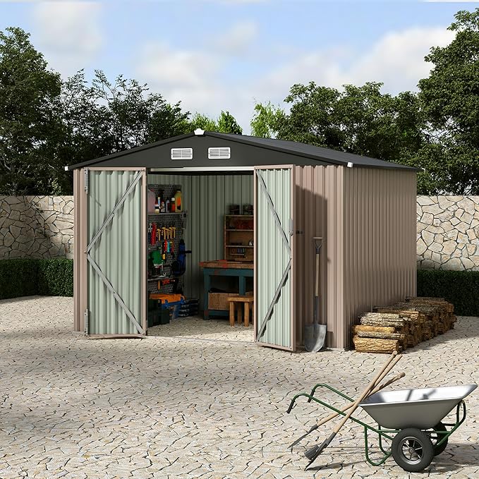 8X10 ft Outdoor Metal Storage Building, Secure Lockable Door & Air Ventilation System, Premium Metal Tool Shed for Garden, Backyard, Patio, Ideal for Lawn Equipment & Tools