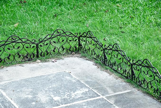 Evelyne Decorative Garden Border Plastic Edging – PP Plastic, Short Metal-Free Faux Wrought Iron Leaf & Bird Design, 8pcs Yard Landscaping Fence Liner Lawn Edge Barrier, 10ft Kit of Decorative Panels