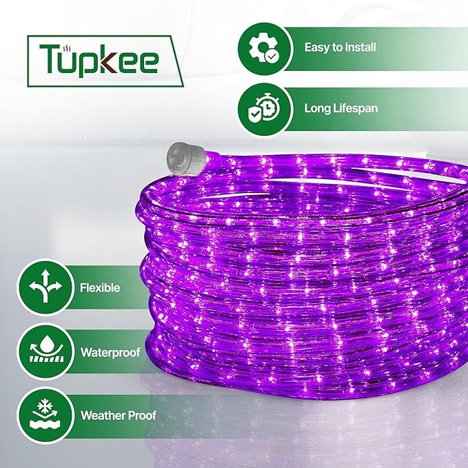 Tupkee LED Rope Light Purple - for Indoor and Outdoor use, 24 Feet (7.3 m) - 10MM Diameter - 144 LED Long Life Bulbs Rope Tube Lights