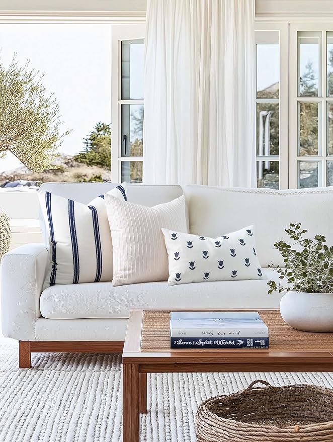 Crumbs Home Coastal Linen Indoor Outdoor Throw Pillow Cover Only, 20"x20" Water Repellent for Patio, Backyard, Couch, Neutral Beige Embroidered Stripes