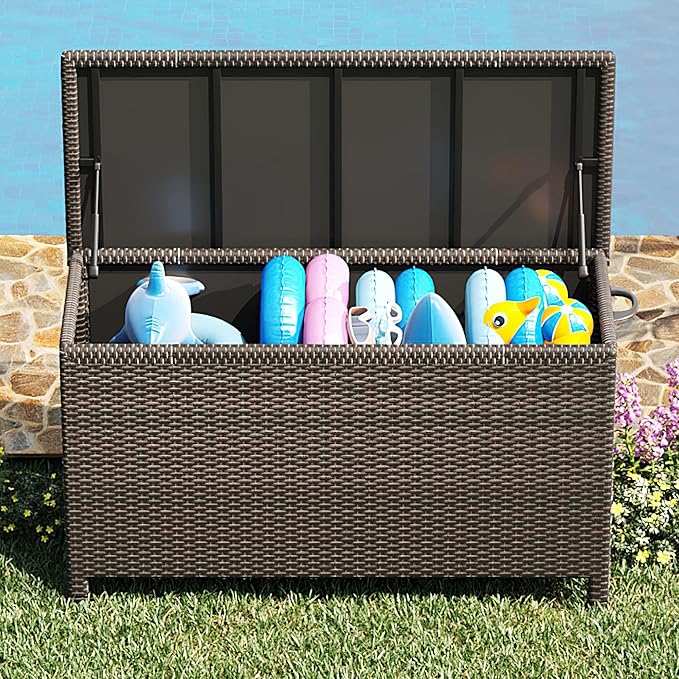 185 Gallon Outdoor Deck Box with Wheels, All-Weather PE Wicker & Aluminum Frame, Waterproof Patio Storage for Cushions, Garden Tools, Pool Toys, Lockable Storage Box with Soft-Close Lid,Brown