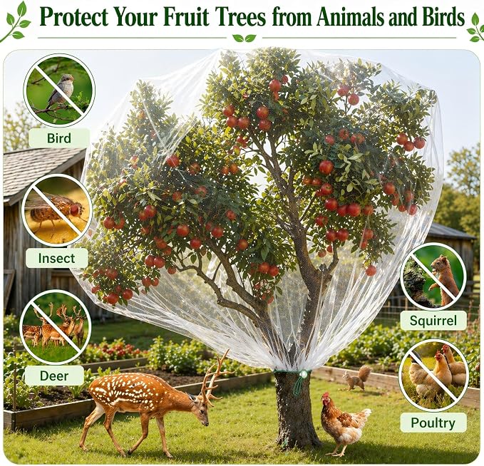 3 Pack 8 x 8 ft Large Fruit Tree Netting Covers with Zipper & Drawstring, Extra Fine Mesh Garden Netting for Blueberry Peach Apple Trees, Protects Fruit from Birds, Squirrels, Deer, Cicadas & Beetles