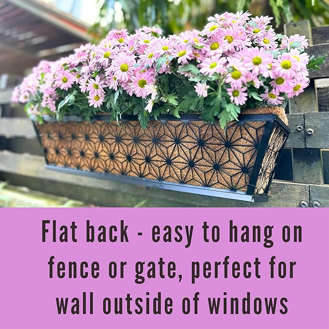 LaLaGreen Window Boxes Planter for Outdoor Plants (2 Pack, 24 Inch) Black Metal Rectangular Flower Pot Wall Planters with Coco Liner, Modern Stylish Horse Trough Deck Railing Rail Balcony Patio Fence