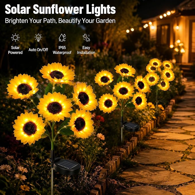 Solar Garden Lights Outdoor, 4 Pack Solar Sunflower Lights with 24 Sunflower, Waterproof Long-Lasting Outdoor Solar Patio Decor Suitable for Yard, Lawn, Pathway, and Backyard Decoration