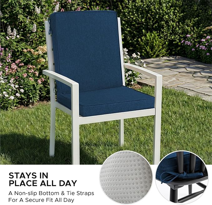 Outdoor Chair Cushions, Water-Resistant & Fade-Resistant, Patio Furniture Lawn Dining Chair Seat Replacement with Mid Back, Ties Zipper, Removable Cover, 18 x 16.5 Inch, Set of 1, Navy Blue