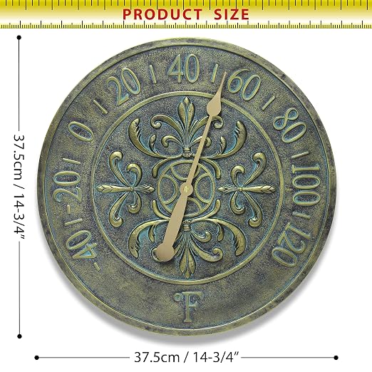 Blanc Fleur Aged Bronze - 15in Round Wall Thermometer, Aged Bronze Finish Case, Water Resistant