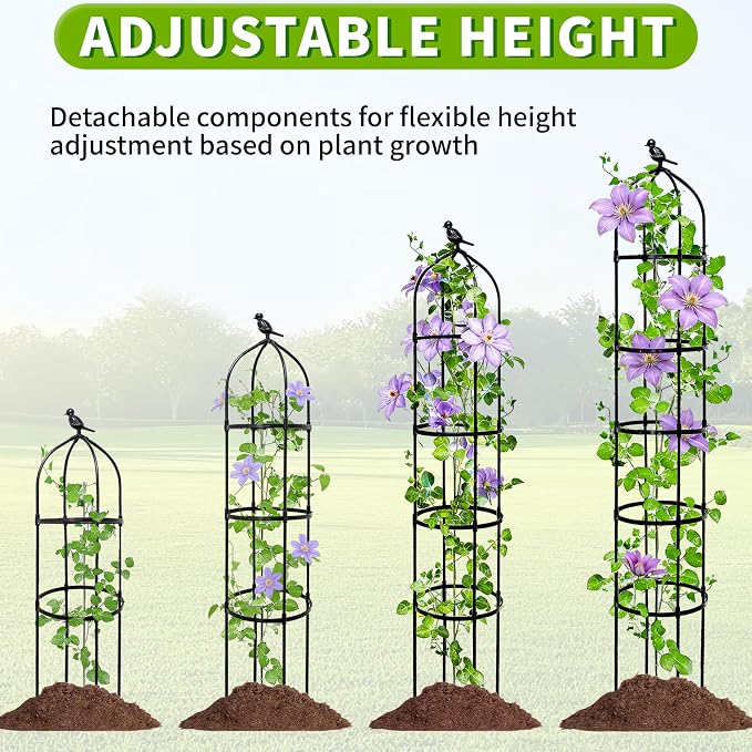 2-Pack 6.7FT Garden Obelisk Trellis for Climbing Plants,Adjustable 5-Tier Metal Plant Support,Rustproof Outdoor Plant Tower with 3 Decorative Tops for Roses,Tomatoes,Clematis & Vines,Black