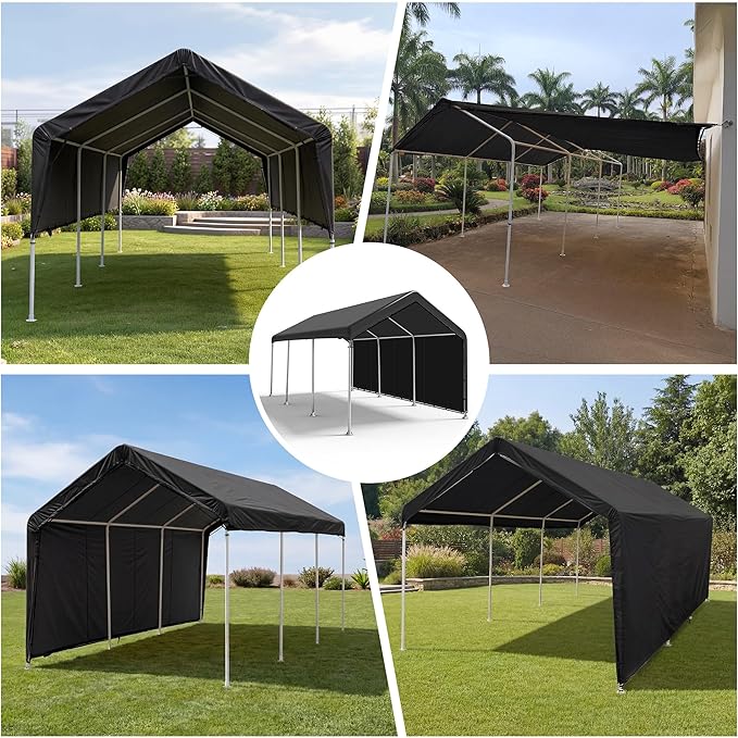 SIHAIAN 10 x 20 Ft Carport Replacement Canopy Cover with Sidewall(No Frame) Easy to Set up Carport Canopy, 500D Heavy-Duty Garage Top Tent Tarp Waterproof and UV Protected (Only Canopy Cover) Black