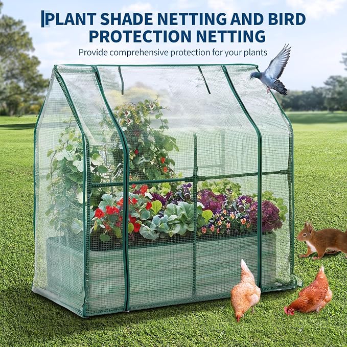 Garvee 48"x24"x12" Raised Garden Bed Kit with Pitched Roof Greenhouse Cover & Irrigation, 3-in-1 Metal Planter Box with Self-Watering System & Insect Mesh, Outdoor Raised Bed for Vegetables Flowers