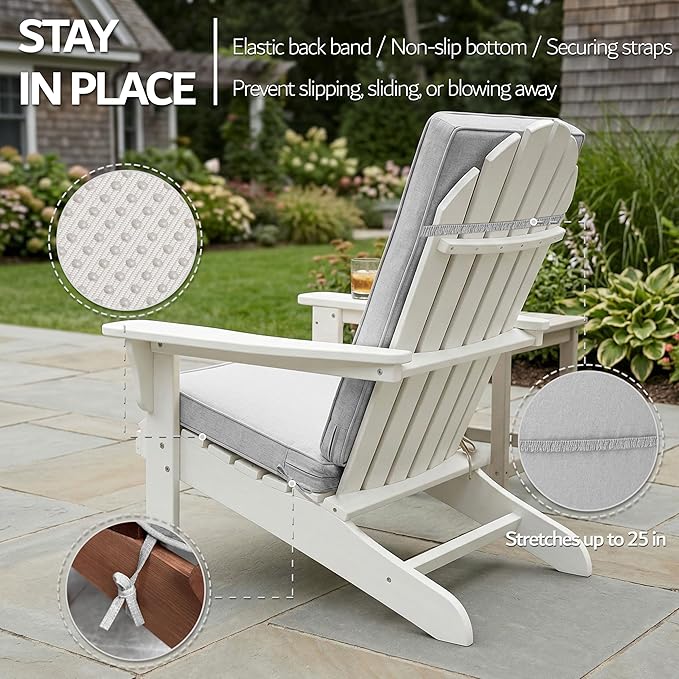 Adirondack Chair Cushions Set of 4 - Removable Covers, Water-Repellent & Fade-Resistant Faux Linen, Securing Straps, Non-Slip Bottom, Fit for Most Outdoor Adirondack & Rocking Chairs - Light Grey