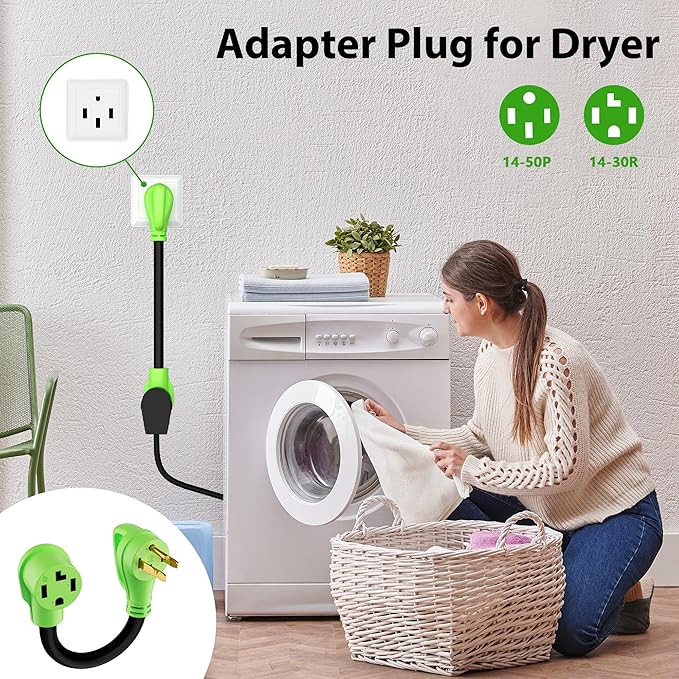 4 Prong 50 Amp to 30 Amp EV Dryer Charger Adapter Cord, Compatible with EV and Dryer Use, STW, 10AWG, for Level 2 EV and Dryer Plug Conversion, NEMA 14-50P to 14-30R, 125V/250V, 1FT, Green