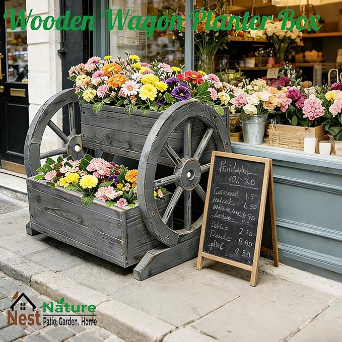 2 Tier Classic Wooden Wagon Planter Box|Outdoor Planter/Flower Pot for Indoor&Outdoor Plants-Rustic Garden Planter for Patio,Porch&Garden Decor-Raised Garden Bed for Succulents,Herbs,Vegetables