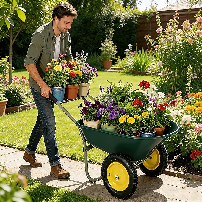 2 Wheel Wheelbarrow, Dual-Wheel Garden Dump Cart with 13" Non-Slip Pneumatic Tires & Ergonomic Padded Handle, Heavy-Duty Home Utility Yard Cart Wagon with 4.5 Cu Ft Capacity for Lawn, Gardening
