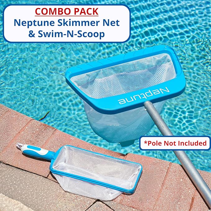 The Skimmie Neptune Net & Swim-N-Scoop Fine Mesh Pool Skimmer Nets Deep-Bag Leaf Rakes for Pools, Spas, Fountains & Cold Plunges Handheld Skimmers for Surface and Floor Cleaning. *Pole NOT Included