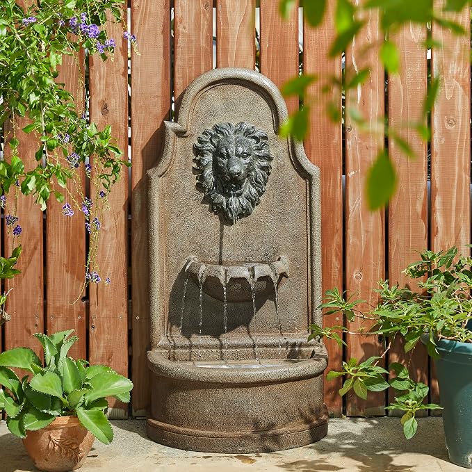 Glitzhome 3-Tier Outdoor Water Fountain with LED Light, Oversized Vintage European Style Lion Head Waterfall Fountains, Rustic Faux Granite Fountain for Garden Patio Deck Porch, 31.75”H