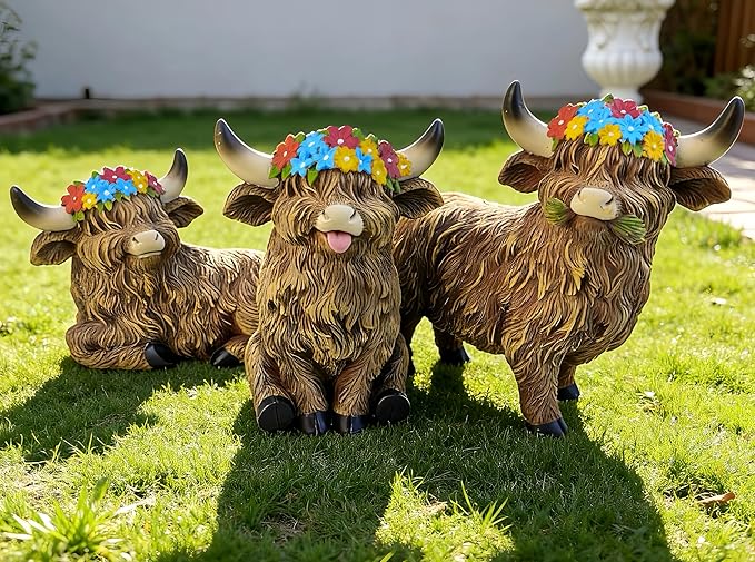 LEGIFO Highland Cow Figurine Set of 3, Funny Art Sculpture for Garden Backyard Patio Lawn Decorations, Outdoor Decor Statue Gift for Women Mom Grandma, Christmas Birthday
