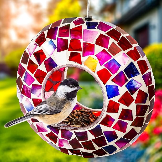 Sunnydaze 6-Inch Glass Mosaic Hanging Bird Feeder for Outdoors - Fly-Through Glass Bird Feeder for Cardinals, Jays, Finches and More - Crimson Mosaic