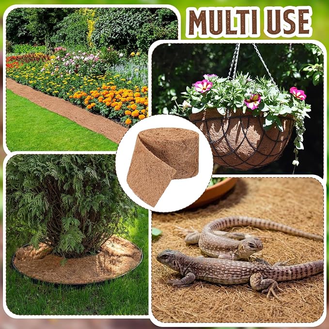 Tinideya 6 Pcs Natural Mulch Roll for Landscaping 118'' x 4.5'' Per Roll Coconut Fiber Mulch Mat with 60 U-Shaped Steel Stakes Cuttable Coconut Liner for Garden Edgings Wrap Trunk Planter Pet Pad
