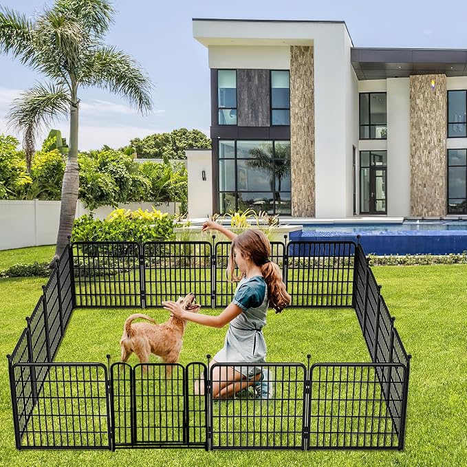 Getlay 24 in(H) Decorative Garden Fence with Gate,16 Panels Total 31.4 Ft(L) Heavy Duty Iron Animal Barrier Fence for Yard,Suitable for Indoor Pet Or Outdoor Dog Fencing, Garden Border Fence
