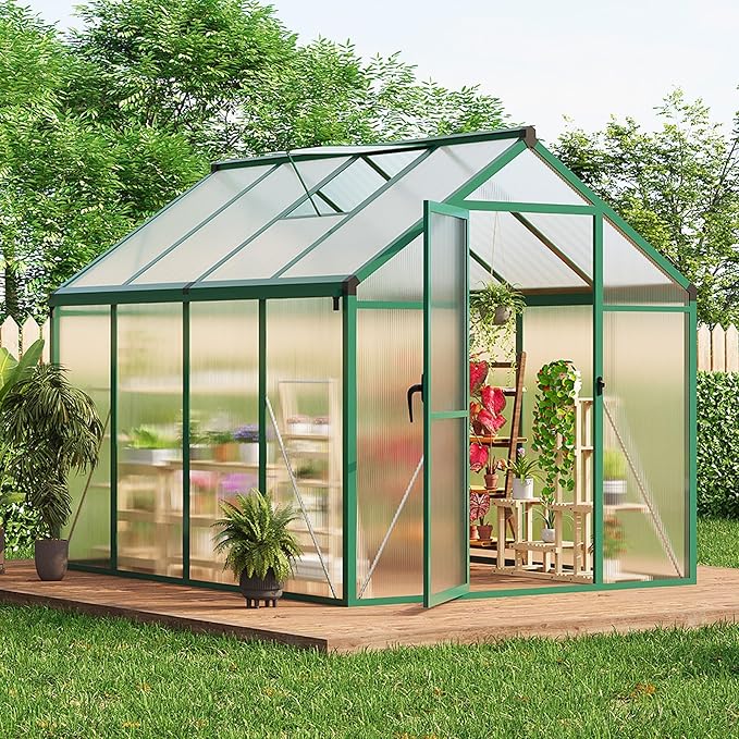 GarveeLife 6X8 FT Greenhouse for Outdoors, Polycarbonate Greenhouse with Roof Vent, Ground Nails, Lockable Push Door, Aluminum Large Walk-in Green House for Outside Garden Backyard, Patio, Lawn, Green