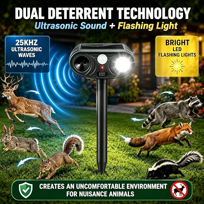 2 Pack Sonic Fortress Pro Deer Repellent Device Outdoor,Solar Animal Repeller for Garden, Squirrel Fortress Pro with PIR Sensor & Flashing Light for Rabbit Fox Raccoon Cats Repellent Outdoor