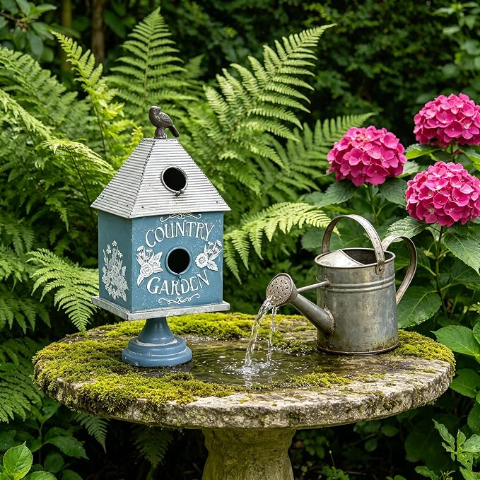 Rustic Blue Metal Bird House, Decorative Bird House with Country Garden Accents & Bird Topper, Standing Design Bird Home - Ideal Outdoor Garden Decor (Blue-Garden)