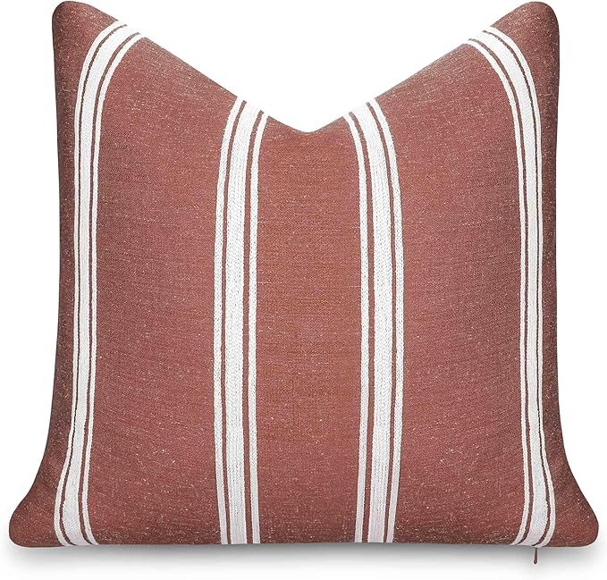 Crumbs Home Modern Farmhouse California Casual Indoor Outdoor Throw Pillow Cover, 20"x20" Water Repellent for Patio, Backyard, Couch, Poolside, Rust Orange White Embroidered Stripes