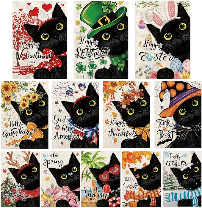 Black Cat Garden Flags for Outside Set of 12, Kitten Welcome Seasonal Garden Flags 12x18 Double Sided for All Seasons and Holidays, Fall Halloween Winter Christmas Yard Flag for Outdoor Decor