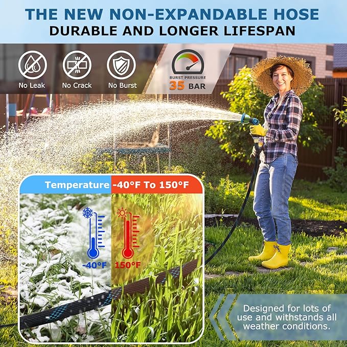 Non-Expanding Garden Hose 150 ft, Kink Free Flexible Water Hose with 10-Pattern Spray Nozzle, Lightweight Hose Pipe, Leak Proof, 3/4" Swivel Connectors, Super Fabric, Portable Storage Strap