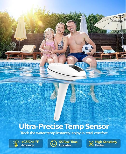 Sinbyuer 2026 Solar Digital Pool Thermometer with Rope | Easy Read Large LCD Display & Big Numbers Floating Pool Thermometer | High Precision & IP68 Waterproof Pools Temperature Gauge for Spa - White
