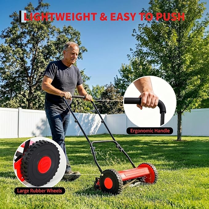 16" Push Lawn Mower, Manual Hand Push Lawn Mower Without Grass Catcher, Lightweight & Portable Walk-Behind Mower for Small Yards, Garden & Patio