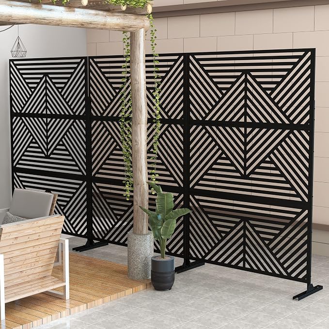 Casaphoria 72" H x 47" W Metal Outdoor Privacy Screen, Freestanding Decorative Divider for Patio, Deck, Balcony, and Garden with Stable Base, Black Zodiac