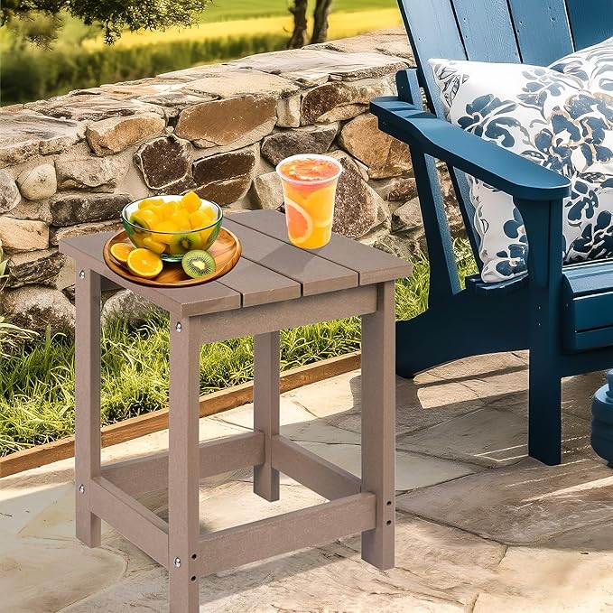 LZRS Square Patio Side Table, Heavy Duty HDPE Outdoor End Table with Wood Texture, Weatherproof Composite Table for Adirondack Chairs, Deck, Pool, Indoor/Outdoor, No Peeling Cracking(Weathered Wood)