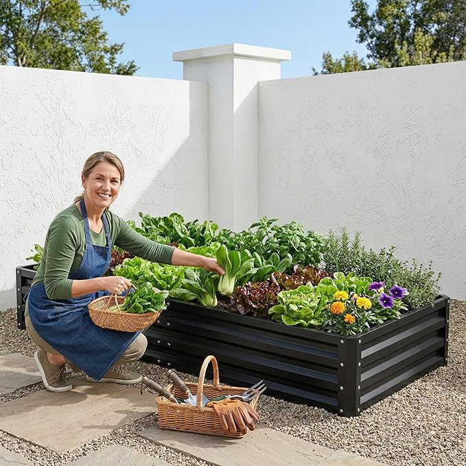 ONCEMORE Galvanized Raised Garden Bed for Vegetables Flowers Herbs, Cover Outdoor Extra-Thick Metal Planter Box Kit,w/Tomato Cage, Labels, Tool, 6×3×1FT Black(Clear)