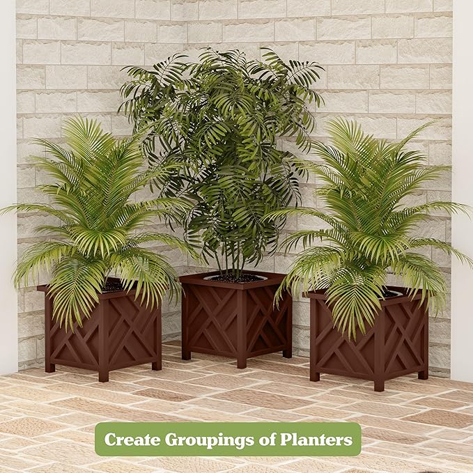Lattice Design Outdoor Planter Box - 14.75” Square 13” Tall Brown Plant Pot - Decorative Plant Pots for Front Porch Decor - Flower Pots Outdoor Planters for Porch Patio or Garden Decor by Pure Garden