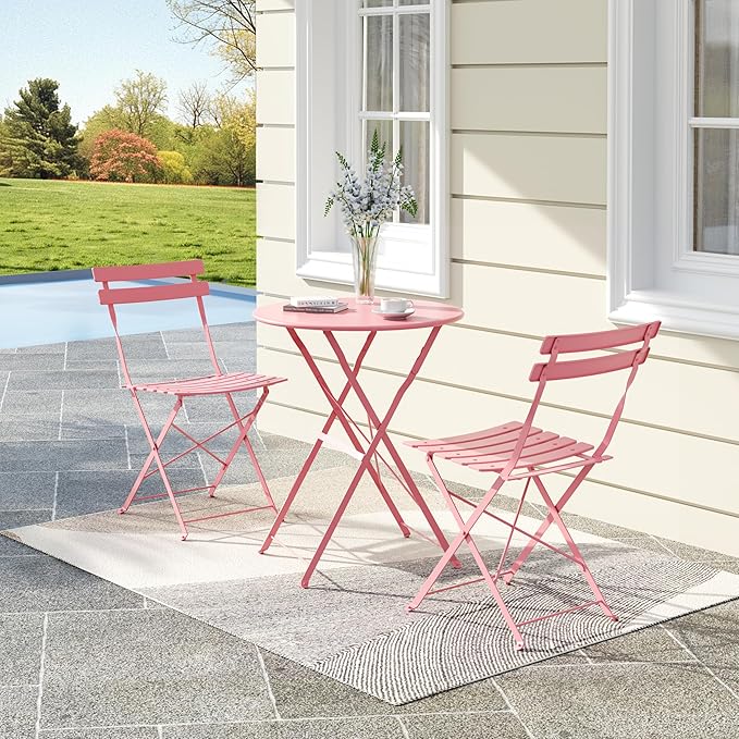 Bistro Table and Chairs Set of 2, 3 Piece Outdoor/Indoor Folding Patio Bistro Sets, 2 Chair Patio Furniture Set with Table, Premium Frame Foldable Coffee Tables for Balcony, Yard, Garden, Pink